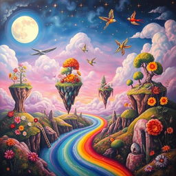 A surreal landscape painted in vibrant, dreamlike colors, depicting a whimsical and imaginative scene filled with floating islands in the sky, each adorned with oversized flowers and trees in exaggerated shapes