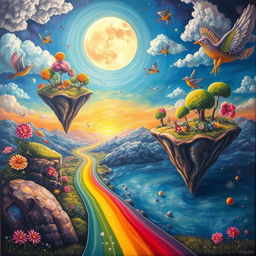 A surreal landscape painted in vibrant, dreamlike colors, depicting a whimsical and imaginative scene filled with floating islands in the sky, each adorned with oversized flowers and trees in exaggerated shapes
