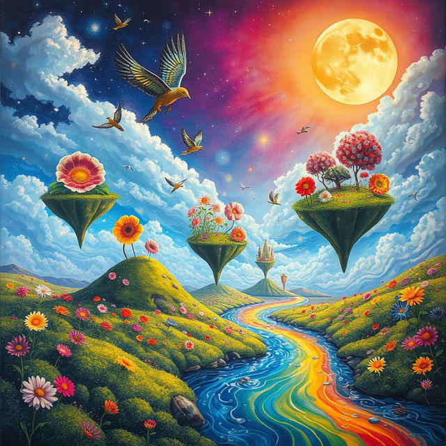 A surreal landscape painted in vibrant, dreamlike colors, depicting a whimsical and imaginative scene filled with floating islands in the sky, each adorned with oversized flowers and trees in exaggerated shapes