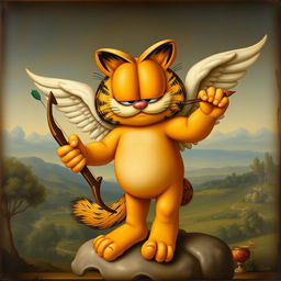 A Renaissance-style painting featuring Cupid, with the classical attributes of Cupid such as wings, bow and arrow, and a cherubic body