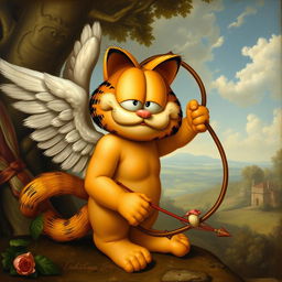 A Renaissance-style painting featuring Cupid, with the classical attributes of Cupid such as wings, bow and arrow, and a cherubic body