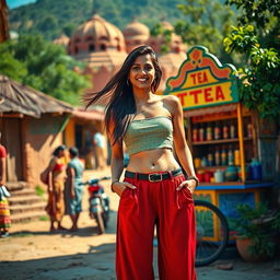 A captivating scene of a vibrant Indian village with a stylish young woman confidently dressed in hot pants, radiating a sense of empowerment and flair