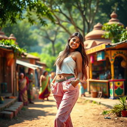 A captivating scene of a vibrant Indian village with a stylish young woman confidently dressed in hot pants, radiating a sense of empowerment and flair