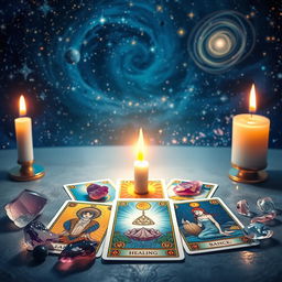 A serene and mystical scene depicting the concept of self-healing through a tarot card reading