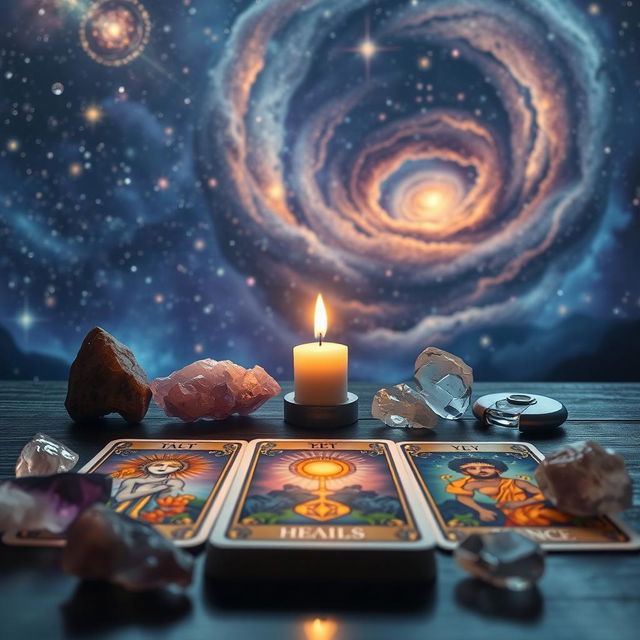 A serene and mystical scene depicting the concept of self-healing through a tarot card reading