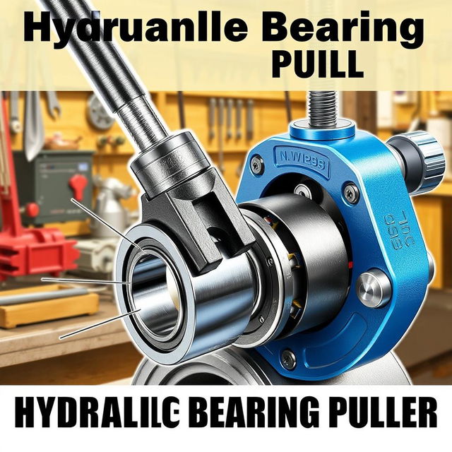 A detailed illustration of a hydraulic bearing puller, showcasing its various components including the hydraulic cylinder, puller arms, and gripping jaws