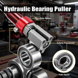 A detailed illustration of a hydraulic bearing puller, showcasing its various components including the hydraulic cylinder, puller arms, and gripping jaws
