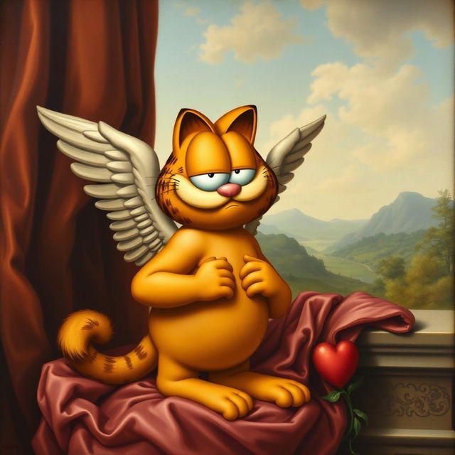 A Renaissance-style painting of Cupid, but instead of a traditional face, Garfield's humorous face replaces it, maintaining Cupid's classic body posture and attributes