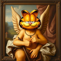 A Renaissance-style painting of Cupid, but instead of a traditional face, Garfield's humorous face replaces it, maintaining Cupid's classic body posture and attributes