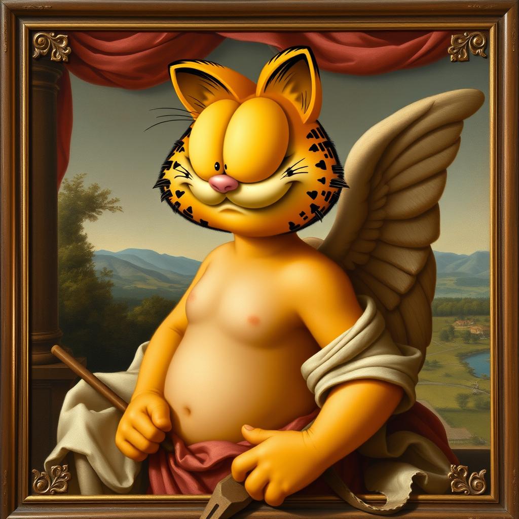 A Renaissance-style painting of Cupid, but instead of a traditional face, Garfield's humorous face replaces it, maintaining Cupid's classic body posture and attributes