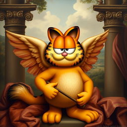 A Renaissance-style painting of Cupid, but instead of a traditional face, Garfield's humorous face replaces it, maintaining Cupid's classic body posture and attributes