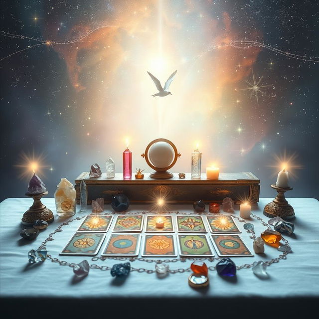 A serene and mystical scene illustrating a tarot card reading that promotes self-healing