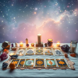 A serene and mystical scene illustrating a tarot card reading that promotes self-healing