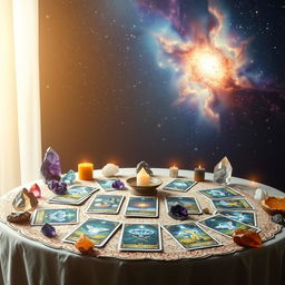 A serene and mystical scene illustrating a tarot card reading that promotes self-healing