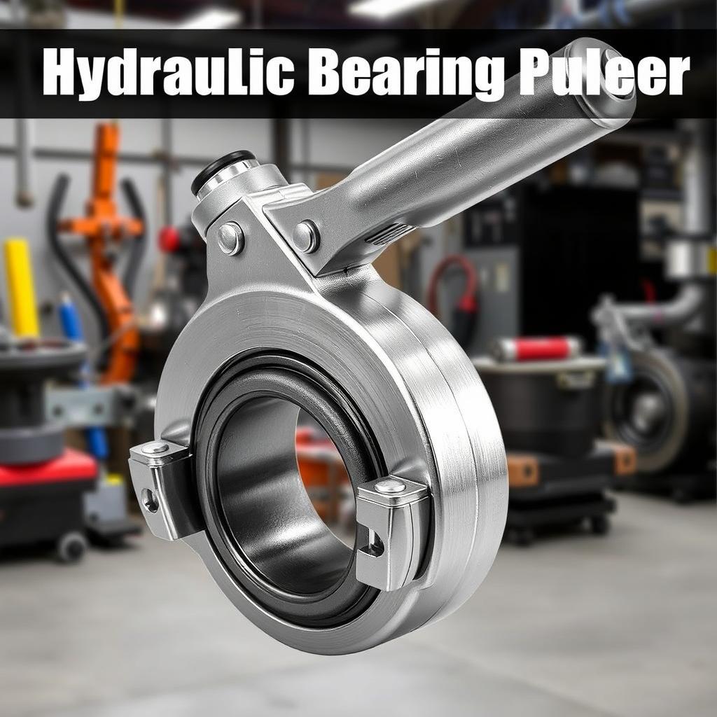 A detailed hydraulic bearing puller, showcasing its sleek metallic design, highlighting the hydraulic mechanism, handle, and gripping jaws