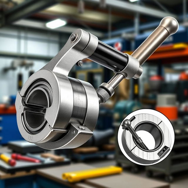 A detailed hydraulic bearing puller, showcasing its sleek metallic design, highlighting the hydraulic mechanism, handle, and gripping jaws