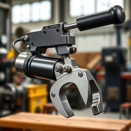 A detailed hydraulic bearing puller, showcasing its sleek metallic design, highlighting the hydraulic mechanism, handle, and gripping jaws