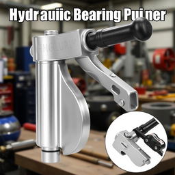 A detailed hydraulic bearing puller, showcasing its sleek metallic design, highlighting the hydraulic mechanism, handle, and gripping jaws