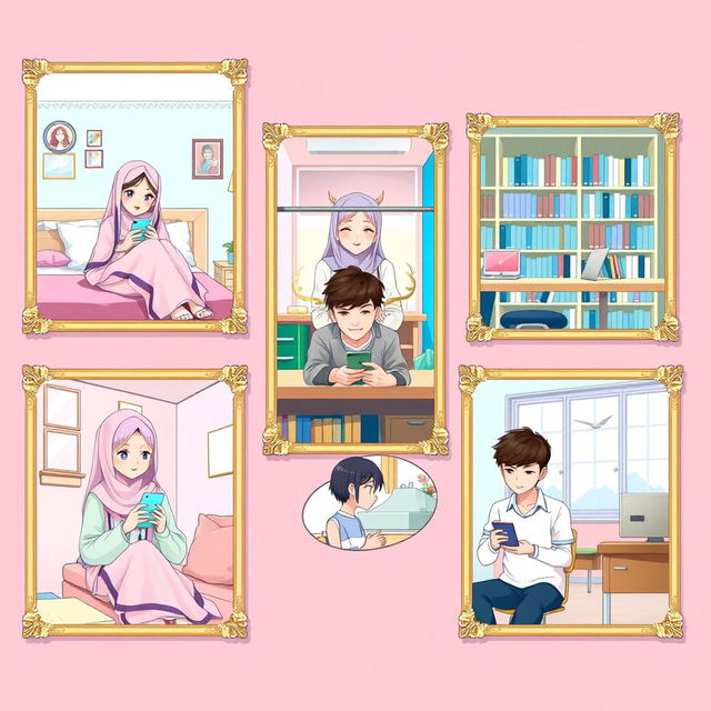 A vibrant scene illustrating five students in distinct settings, each framed with decorative borders in a realistic anime style