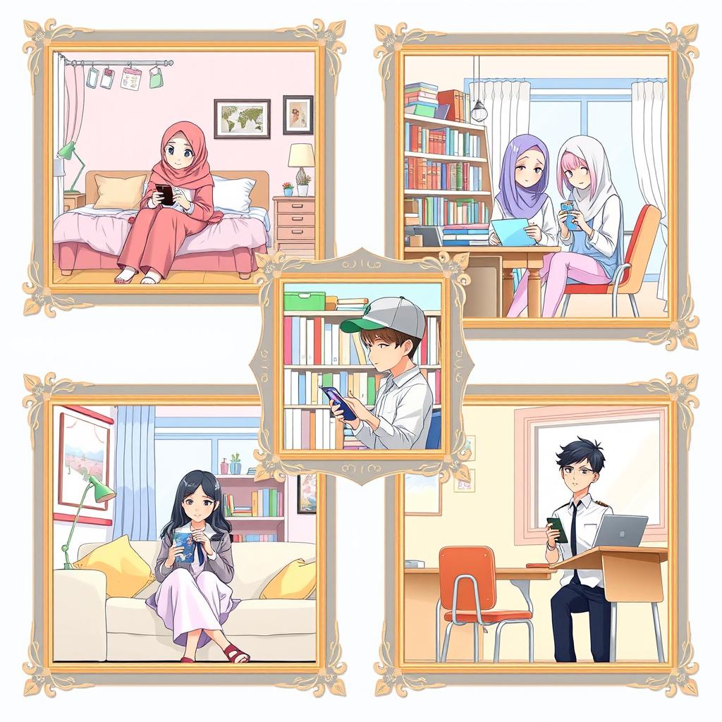 A vibrant scene illustrating five students in distinct settings, each framed with decorative borders in a realistic anime style