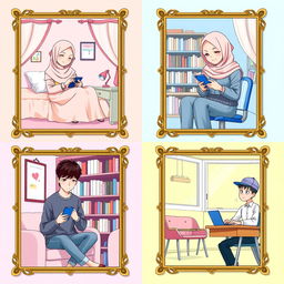A vibrant scene illustrating five students in distinct settings, each framed with decorative borders in a realistic anime style