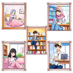 A vibrant scene illustrating five students in distinct settings, each framed with decorative borders in a realistic anime style