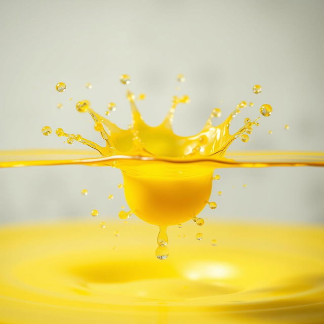 A highly realistic depiction of a vibrant yellow splash, water droplets are captured in mid-air, showcasing their transparency and fluid motion as they radiate outward from the center