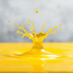 A highly realistic depiction of a vibrant yellow splash, water droplets are captured in mid-air, showcasing their transparency and fluid motion as they radiate outward from the center
