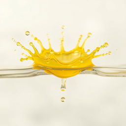 A highly realistic depiction of a vibrant yellow splash, water droplets are captured in mid-air, showcasing their transparency and fluid motion as they radiate outward from the center