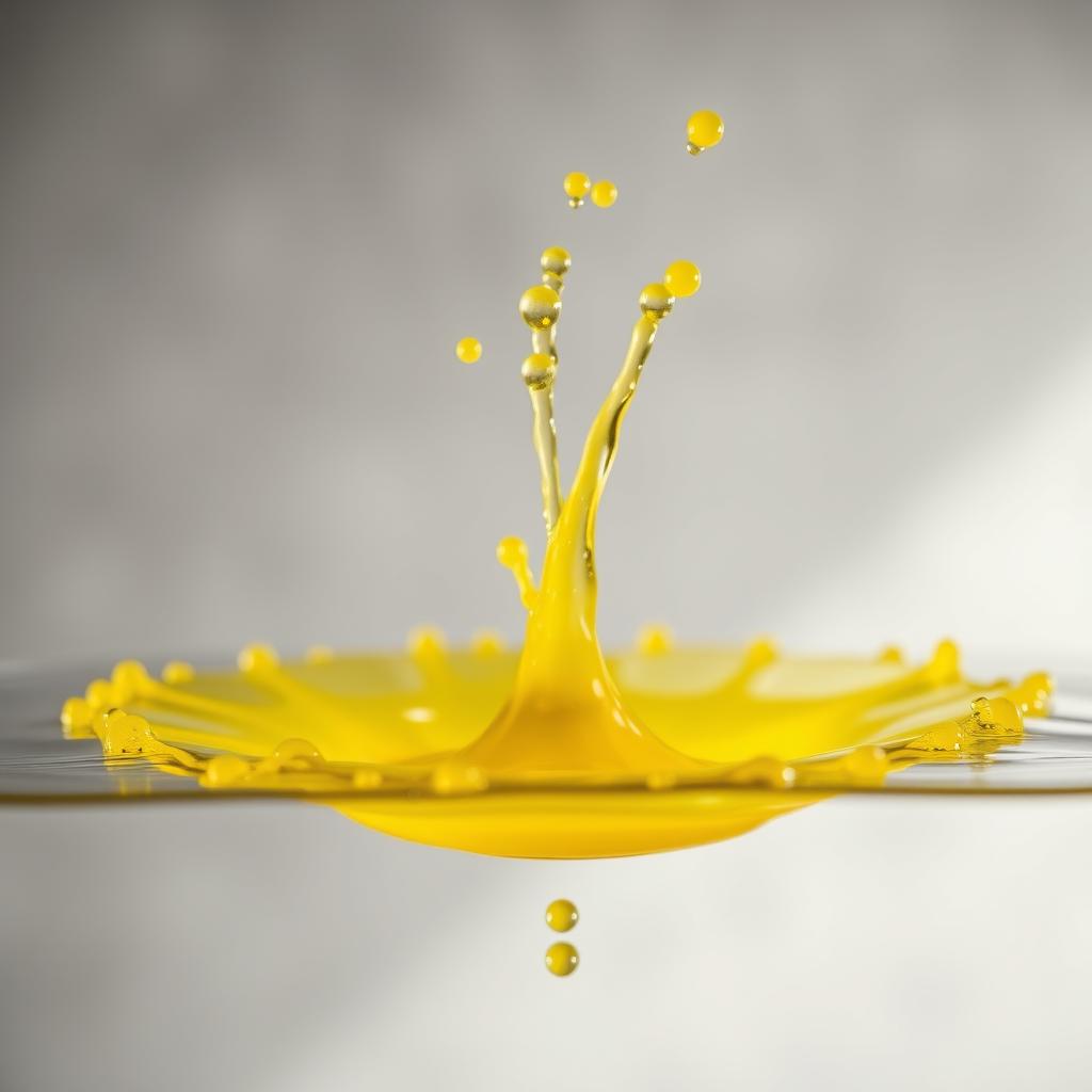 A highly realistic depiction of a vibrant yellow splash, water droplets are captured in mid-air, showcasing their transparency and fluid motion as they radiate outward from the center