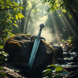 A stunning scene of an ancient sword embedded in a stone, surrounded by lush greenery