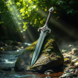 A stunning scene of an ancient sword embedded in a stone, surrounded by lush greenery