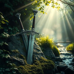 A stunning scene of an ancient sword embedded in a stone, surrounded by lush greenery