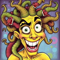 A humorous and exaggerated depiction of Medusa with a playful expression
