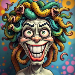A humorous and exaggerated depiction of Medusa with a playful expression