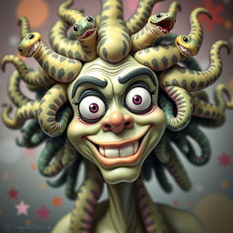 A humorous and exaggerated depiction of Medusa with a playful expression