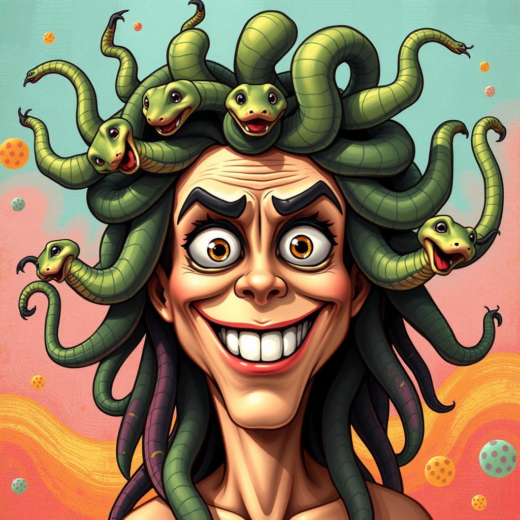 A humorous and exaggerated depiction of Medusa with a playful expression