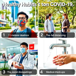 A realistic and creative representation of healthy habits to prevent COVID-19, featuring four key actions: 1