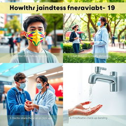 A realistic and creative representation of healthy habits to prevent COVID-19, featuring four key actions: 1
