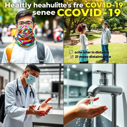 A realistic and creative representation of healthy habits to prevent COVID-19, featuring four key actions: 1