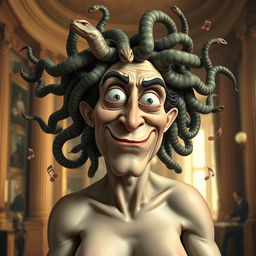 A humorous reinterpretation of Medusa from classical Renaissance art, featuring her with an exaggerated funny face, making a silly expression