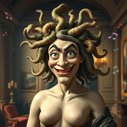 A humorous reinterpretation of Medusa from classical Renaissance art, featuring her with an exaggerated funny face, making a silly expression