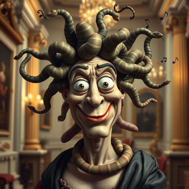 A humorous reinterpretation of Medusa from classical Renaissance art, featuring her with an exaggerated funny face, making a silly expression