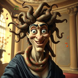 A humorous reinterpretation of Medusa from classical Renaissance art, featuring her with an exaggerated funny face, making a silly expression