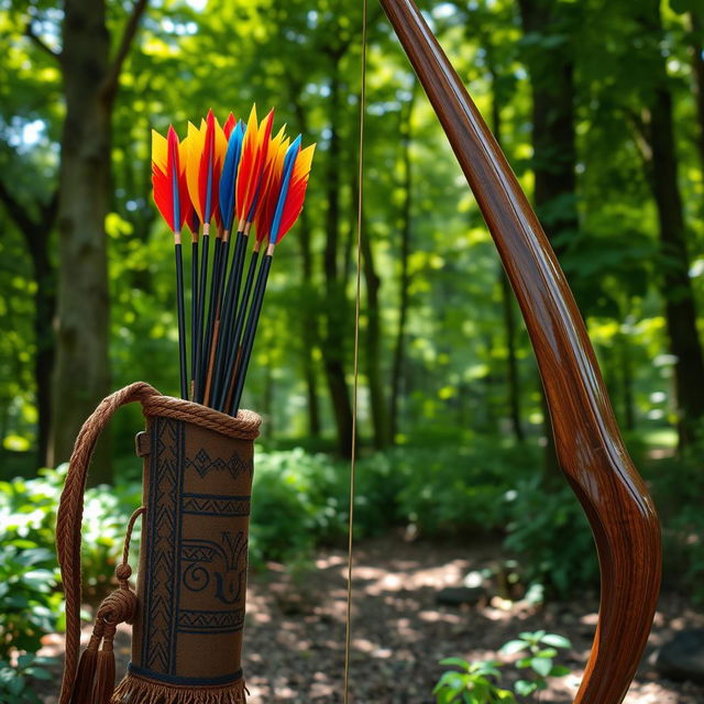 A beautifully crafted quiver filled with colorful arrows, alongside an elegantly designed bow, set against a lush green forest backdrop