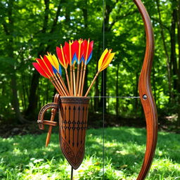 A beautifully crafted quiver filled with colorful arrows, alongside an elegantly designed bow, set against a lush green forest backdrop