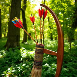 A beautifully crafted quiver filled with colorful arrows, alongside an elegantly designed bow, set against a lush green forest backdrop