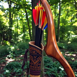 A beautifully crafted quiver filled with colorful arrows, alongside an elegantly designed bow, set against a lush green forest backdrop