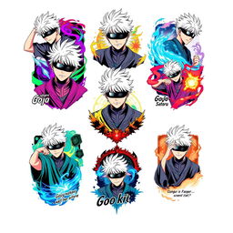 A series of vibrant t-shirt designs featuring Gojo Satoru from the anime Jujutsu Kaisen