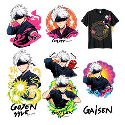 A series of vibrant t-shirt designs featuring Gojo Satoru from the anime Jujutsu Kaisen